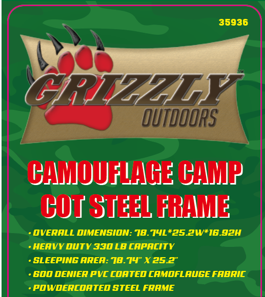 Grizzly Outdoors – Steel Frame CAMO Camp Cot with CAMO Carry Bag 330LB Capacity Steel Frame
