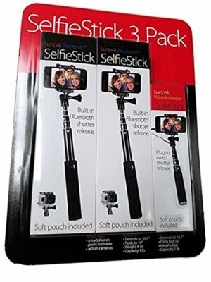 Sunpak (3-Pack) 2-Bluetooth & 1-Wired Selfie Stick - Extendable Handheld Monopod for iPhones/Android Smartphones or Action Cams-0
