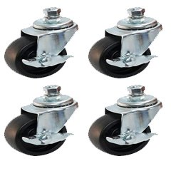 Pack of Four - 2.5" STEEL SWIVEL CASTER WITH SOLID PP WHEEL,FINE BEARINGS, AND BRAKE SHORT THREADED STUD , NUT AND LOCKWASHER-0