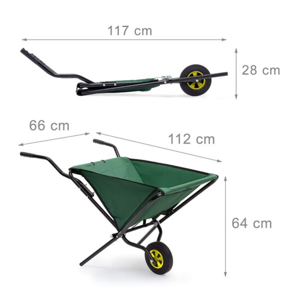 Green Foldable Wheelbarrow 66x64x112cm - 26x25x44in - Steel with Strong Polyester Space-Saving Garden Cart Gardening Wheelbarrow Holds up to 30 kg (60lbs) -7481
