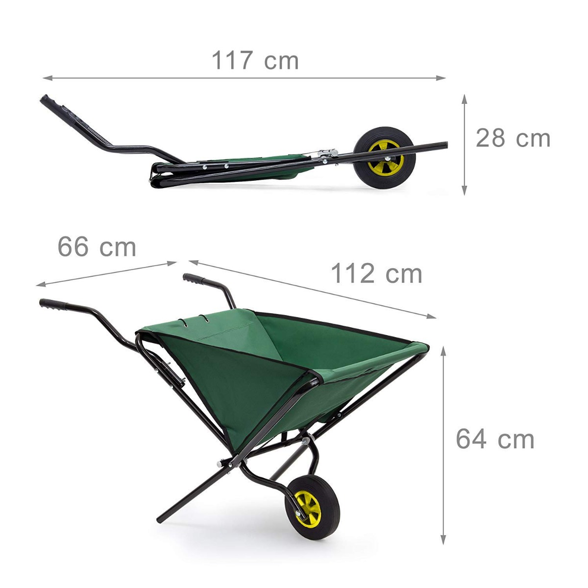Green Foldable Wheelbarrow 66x64x112cm – 26x25x44in – Steel with Strong Polyester Space-Saving Garden Cart Gardening Wheelbarrow Holds up to 30 kg (60lbs) -7481