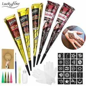 Temporary Tattoo Kit Luckyfine India Painting Tattoo Paste Cone, 5 Pack Temporary Art Tattoos, Indian Body Art Painting Drawing,Color Body-Painted Stickers DIY Tattoos 20 Free Stencil for Kids Adults-0