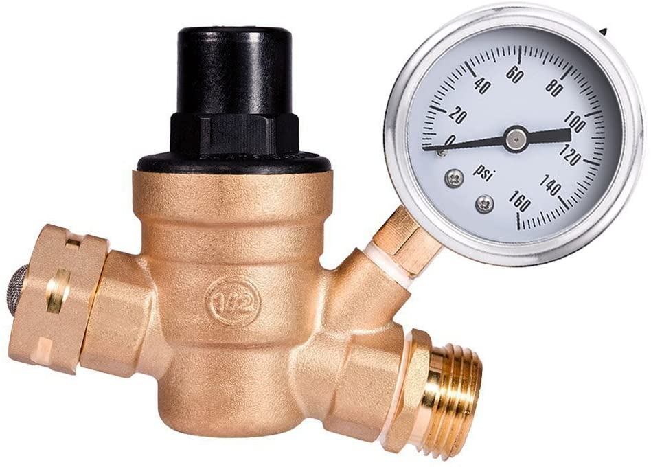 MICTUNING RV Water Pressure Regulator C46500 Lead-Free Brass Adjustable with Stainless Steel Gauge and Two-Tier Filter, 3/4 NH Threading-0