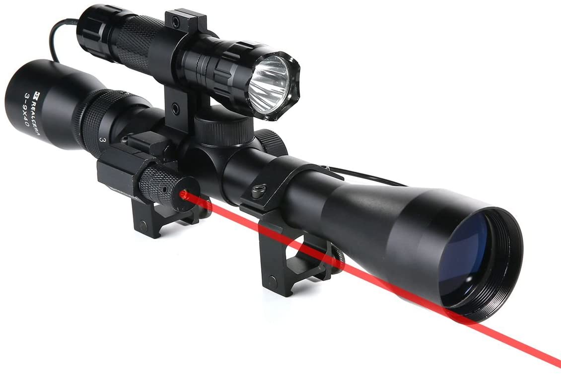 Realcera 3-9x40 Rifle Scope Combo with Red laser Sight and led tactical light remote control for Night vision Hunting-0