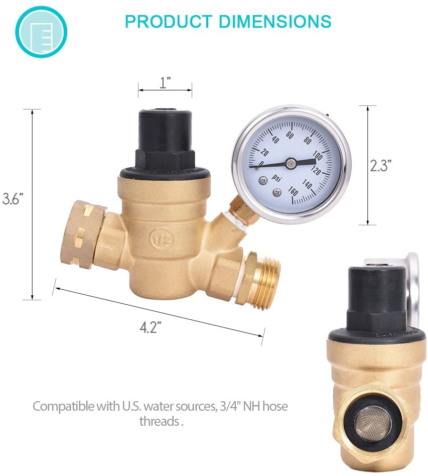 MICTUNING RV Water Pressure Regulator C46500 Lead-Free Brass Adjustable with Stainless Steel Gauge and Two-Tier Filter, 3/4 NH Threading-8917