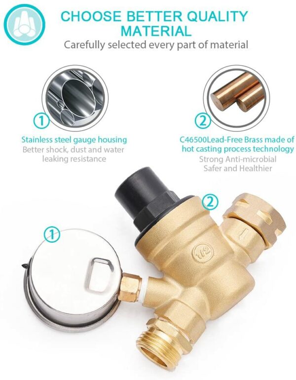 MICTUNING RV Water Pressure Regulator C46500 Lead-Free Brass Adjustable with Stainless Steel Gauge and Two-Tier Filter, 3/4 NH Threading-8919
