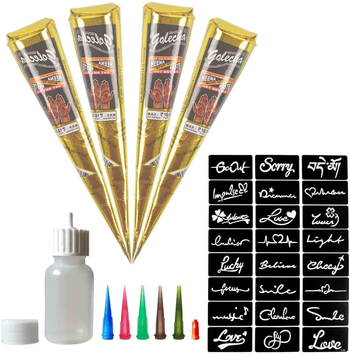 4 Pack Temporary Henna Tattoo Kit India Painting Tattoo Paste Cone, Indian Body Art Painting Drawing, Black Body-Painted Stickers DIY Tattoos 24 Free Stencil for Kids Adults-0