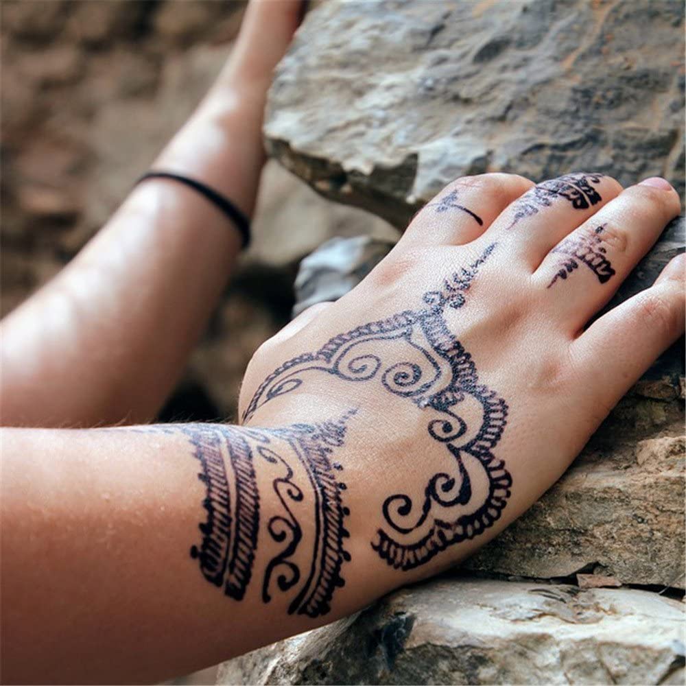 4 Pack Temporary Henna Tattoo Kit India Painting Tattoo Paste Cone, Indian Body Art Painting Drawing, Black Body-Painted Stickers DIY Tattoos 24 Free Stencil for Kids Adults-8890