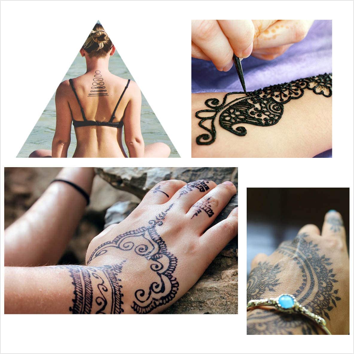 4 Pack Temporary Henna Tattoo Kit India Painting Tattoo Paste Cone, Indian Body Art Painting Drawing, Black Body-Painted Stickers DIY Tattoos 24 Free Stencil for Kids Adults-8893