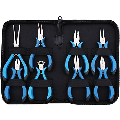 Yeeco 8-Piece Mini Pliers Set with Blue Handle, Linesman Pliers, Diagonal/Curved Bend/Needle Nose/Flat/Sharp Round Nose Jewelry Pliers, Solid Joint End Cutting Cushion Grip Wire Nipper Repair Tool-0