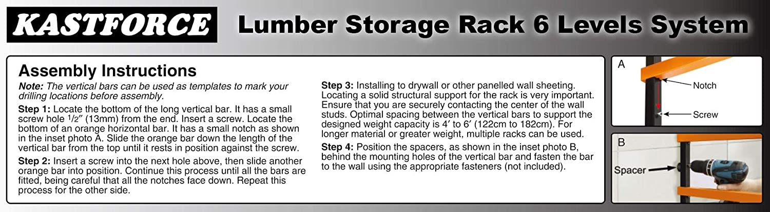 KASTFORCE KF1006 Lumber Storage Rack 6-Level System 110 lbs (50kg) per Level with Durable Sheet Metal Screws, Wood Rack, Workshop Rack-9388