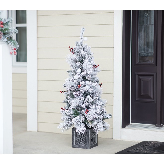 Holiday Living 4-ft Pre Lit Porch Tree – 50 Snowball LED Lights – 219 Tips – Antique Silver Square Pot-11123