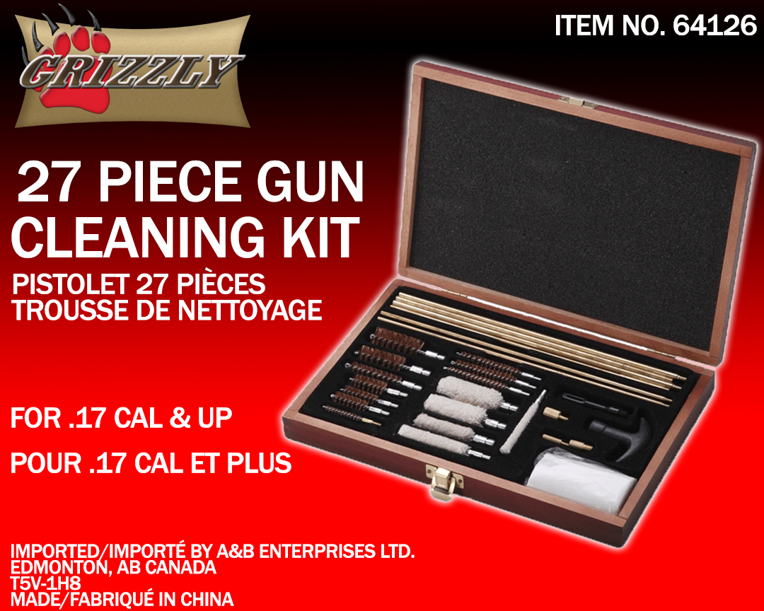 Grizzly Universal 27 Piece Gun Cleaning Kit In Wooden Box-11307