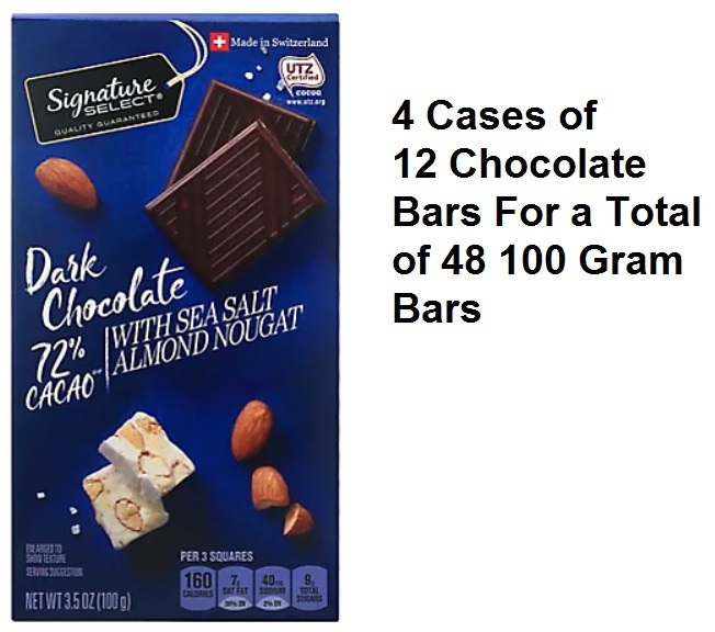 Signature Select Bar Dark Chocolate Almond Nougat – 4 Boxes of 12 Each – 48 100G Bars
