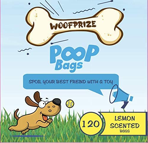 Woofprize Lemon-scented dog poop/waste bags with a gift toy, dispenser/bag holder with a leash clip. Leak-proof, biodegradable, each bag is 13 x 9 inches-11459