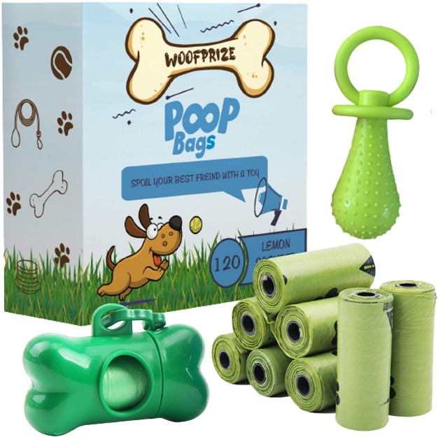 Woofprize Lemon-scented dog poop/waste bags with a gift toy, dispenser/bag holder with a leash clip. Leak-proof, biodegradable, 8 rolls/box, 15 bags/roll
