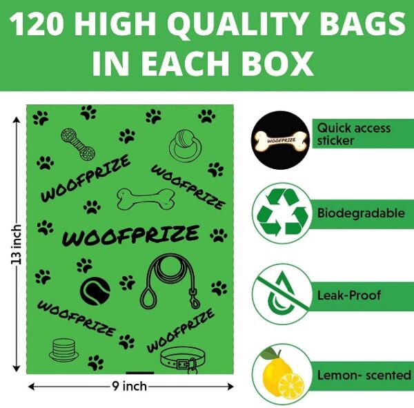 Woofprize Lemon-scented dog poop/waste bags with a gift toy, dispenser/bag holder with a leash clip. Leak-proof, biodegradable, each bag is 13 x 9 inches-11464