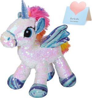 Athoinsu Flip Sequin Unicorn Plush Sparkle Stuffed Animal with Reversible Glitter Sequins Valentine's Day Birthday Holiday for Girls Toddlers, White, 13’’