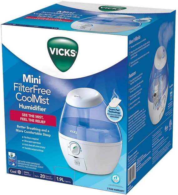 Vicks VUL520WC Filter-Free Ultrasonic Cool Mist Humidifier, Mini/Small Humidifier for Baby, Bedroom, Office Desk, 1.9L/0.5Gal-11704