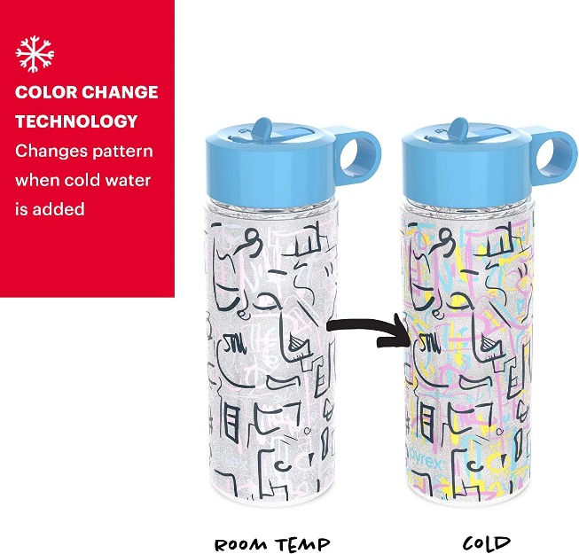Pyrex 24-Oz Color Changing Glass Water Bottle – Shatterproof – Doodles-13037