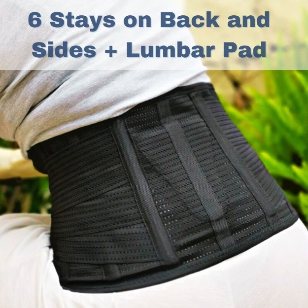 AVESTON Black Back Brace for Lower Back Pain Relief 6 ribs Belt with Lumbar Pad Support for Men/Women Light Thin Orthopedic Rigid Adjustable Brace Herniated Disc-13085