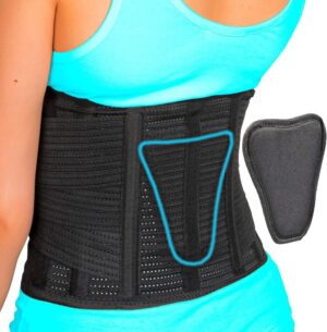 AVESTON Black Back Brace for Lower Back Pain Relief 6 ribs Belt with Lumbar Pad Support for Men/Women Light Thin Orthopedic Rigid Adjustable Brace Herniated Disc-13084