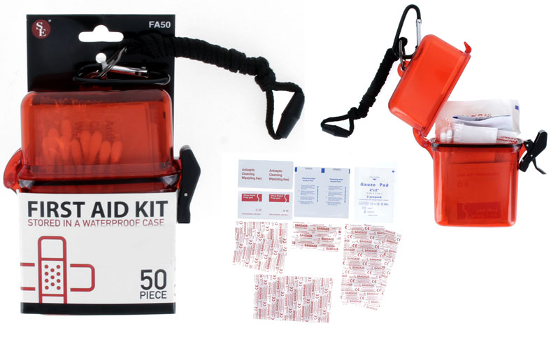 50Pc First Aid Kit Stored in a Waterproof Case W/5mm Carabineer & Lanyard-13483