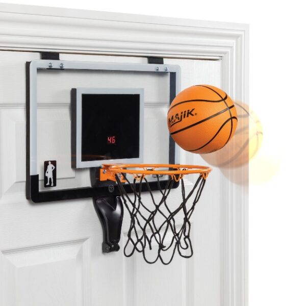 Majik Buzzer Beater Over the Door Mini Basketball Hoop for Indoor Basketball Play - Complete with Automatic LED Scoring, Pro-Style Basketball Backboard, Breakaway Rim, Ball & Air Pump-13818