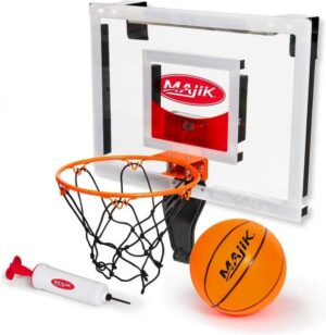 Majik Buzzer Beater Over the Door Mini Basketball Hoop for Indoor Basketball Play - Complete with Automatic LED Scoring, Pro-Style Basketball Backboard, Breakaway Rim, Ball & Air Pump-0