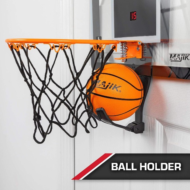 Majik Buzzer Beater Over the Door Mini Basketball Hoop for Indoor Basketball Play – Complete with Automatic LED Scoring, Pro-Style Basketball Backboard, Breakaway Rim, Ball & Air Pump-13821