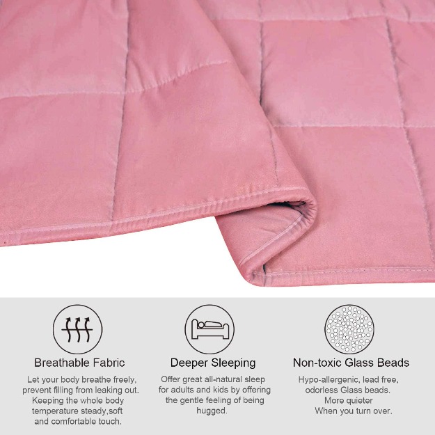 Viviland Weighted Blanket Set 15 lbs with Removable Plush Cover, Glass Beads and Eyemask, Gift for Adult Women Men, Queen Size Weighted Blanket, 60″x80″, Pink-13847