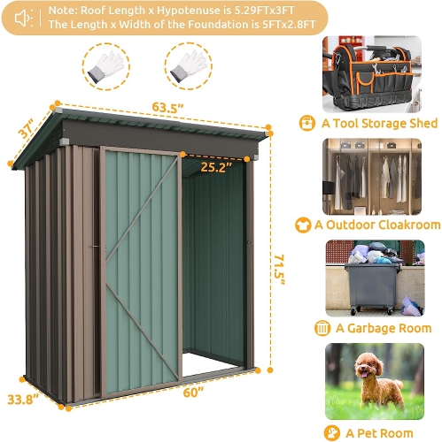 *Sold in Store Only - Prograde Outdoor Storage Shed 5x3 FT, Metal Garden Shed for Bike, Garbage Can, Tool, Lawnmower, Outside Sheds & Outdoor Storage Galvanized Steel with Lockable Door for Backyard-13983