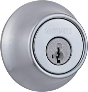 Weiser Elements Satin Chrome Round Deadbolt Lock, ANSI/BHMA Grade 3 Certified Front Door Lock, Kick Proof, Bump Proof & Anti-theft Exterior Door Lock with Key, Traditional Door Locks for Entry Door-0