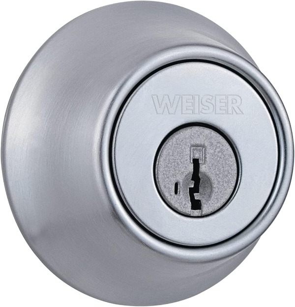 Weiser Elements Satin Chrome Round Deadbolt Lock, ANSI/BHMA Grade 3 Certified Front Door Lock, Kick Proof, Bump Proof & Anti-theft Exterior Door Lock with Key, Traditional Door Locks for Entry Door-0
