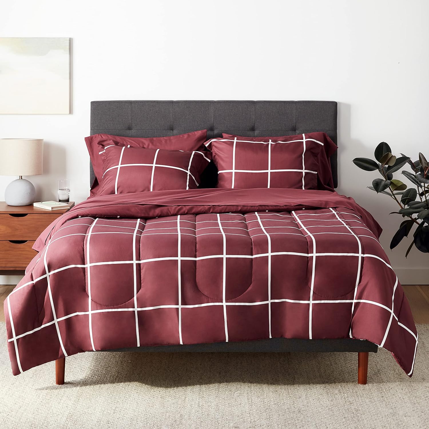 Amazon Basics Lightweight Soft Microfiber 7 Piece Bed-in-a-Bag Comforter Bedding Set, Full/Queen, Burgundy Simple Plaid