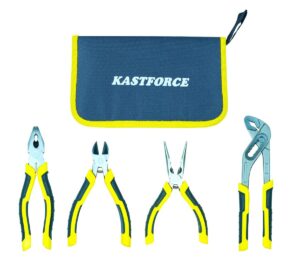 KASTFORCE KF4024 4‑Piece Pliers Set &ndash; Includes Lineman&rsquo;s, Diagonal Cutter, Long Nose, Groove Joint & Hardware Bag