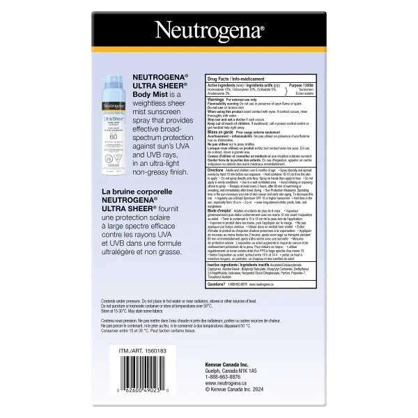 Neutrogena Ultra Sheer Body Mist Sunscreen SPF 60, 3 x 141 g