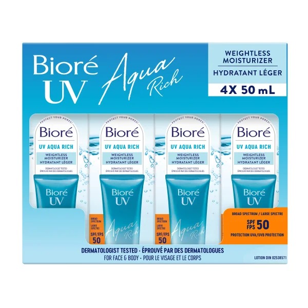 Bior&eacute; UV Aqua Rich Weightless Moisturizer SPF 50, 4 x 50 mL